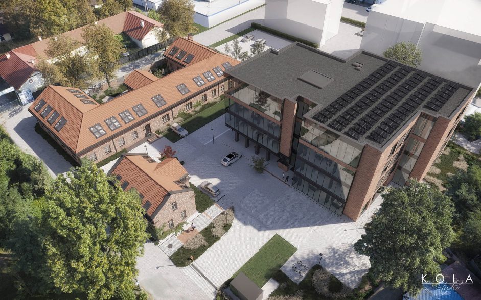 Wizualizacja z lotu ptaka szklano ceglanego kompleksu biurowego