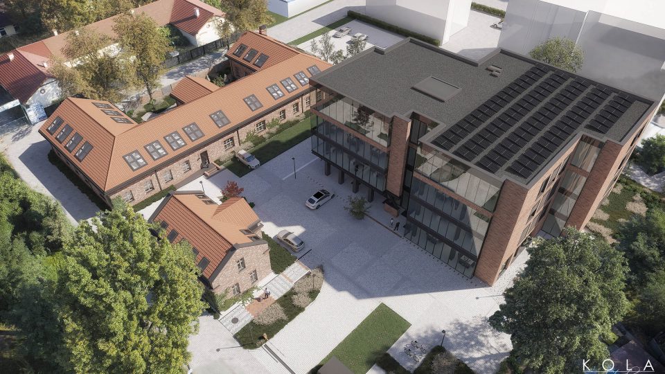 Wizualizacja z lotu ptaka szklano ceglanego kompleksu biurowego