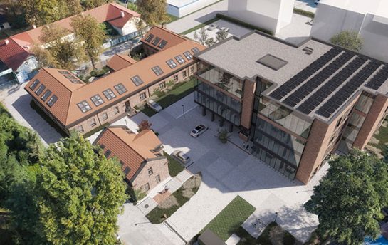 Wizualizacja 3d z lotu ptaka szklano ceglanego kompleksu biurowego