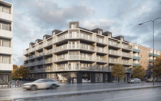 Wizualizacja architektoniczna nowoczesnej kamienicy w centrum miasta w porannym świetle.