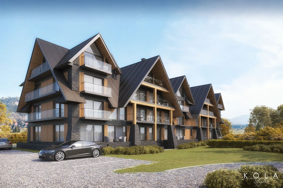 Wizualizacja architektoniczna podhalańskiego kompleksu hotelowego zaprojektowanego w tradycyjnym góralskim stylu