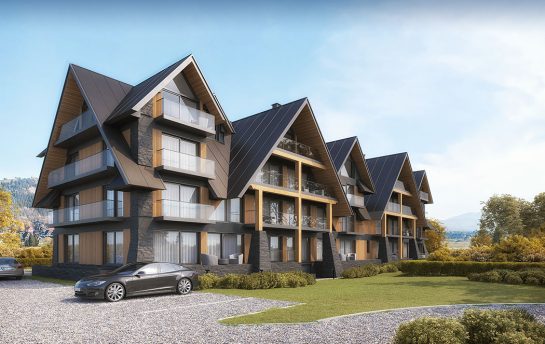 Wizualizacja architektoniczna podhalańskiego kompleksu hotelowego zaprojektowanego w tradycyjnym góralskim stylu
