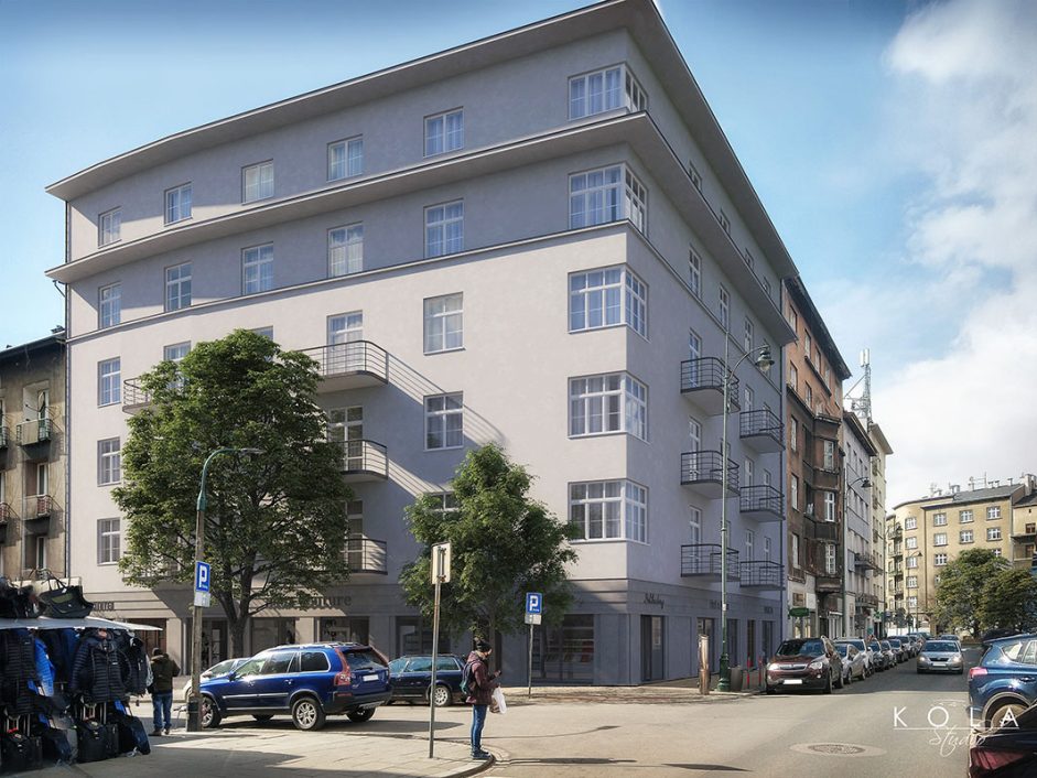 Fotorealistyczna wizualizacja 3d planu przebudowy modernistycznej kamienicy w centrum miasta, w widoku od strony ulicy.