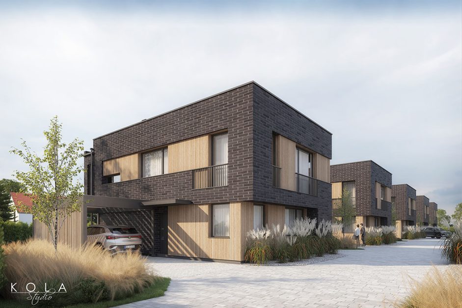 Wizualizacja osiedla mieszkaniowego nowoczesnych willi typu bliźniak, w widoku od strony wjazdu na osiedle.