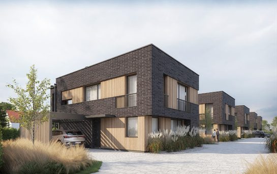 Wizualizacja osiedla mieszkaniowego nowoczesnych willi typu bliźniak, w widoku od strony wjazdu na osiedle.