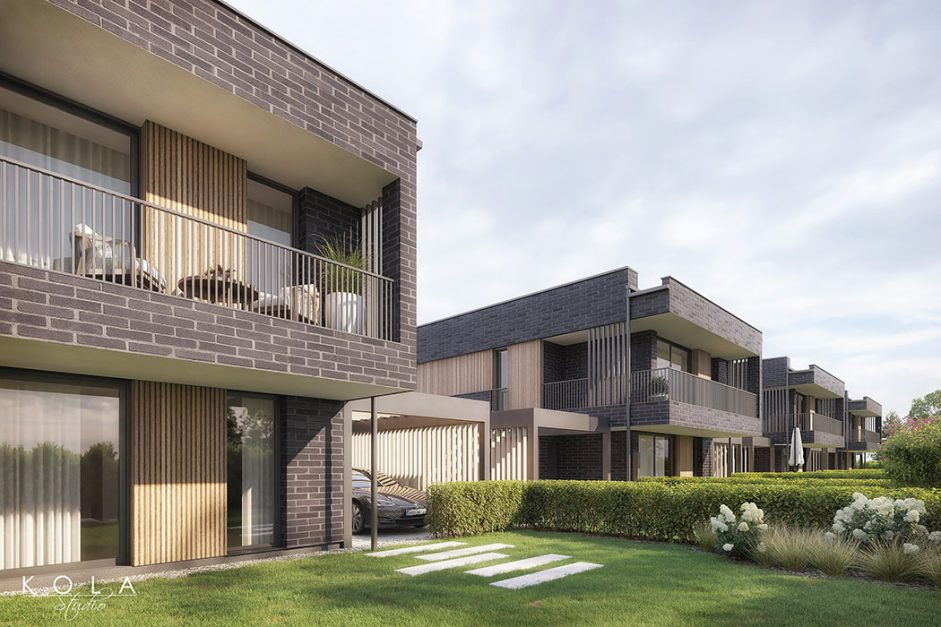 Wizualizacja osiedla mieszkaniowego nowoczesnych willi typu bliźniak, w widoku od strony ogródków.