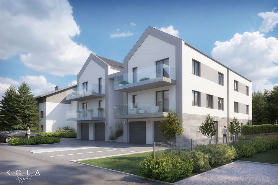 Wizualizacja nowoczesnego podmiejskiego budynku wielorodzinnego w zabudowie bliźniaczej, w widoku od strony parkingu.