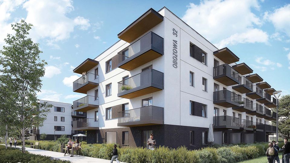 Wizualizacja 3d elewacji budynku mieszkalnego wielorodzinnego z ogródkami.