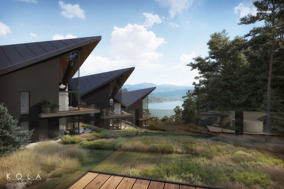 Wizualizacja luksusowego widokowego kompleksu nowoczesnych górskich domów z basenami zewnętrznymi, z widokiem na góry i jezioro