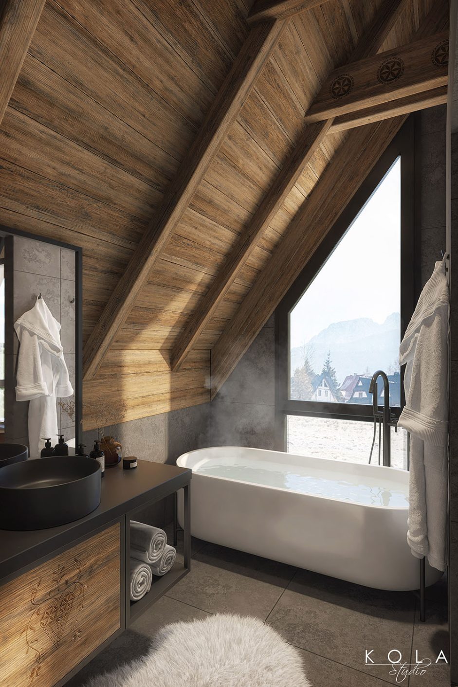 Wizualizacja wnętrza łazienki w górskim domku letniskowym, zaprojektowanej w tradycyjnym góralskim stylu
