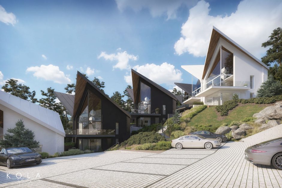 Wizualizacja osiedla nowoczesnych luksusowych domów jednorodzinnych zaprojektowanych w nowoczesnym górskim stylu