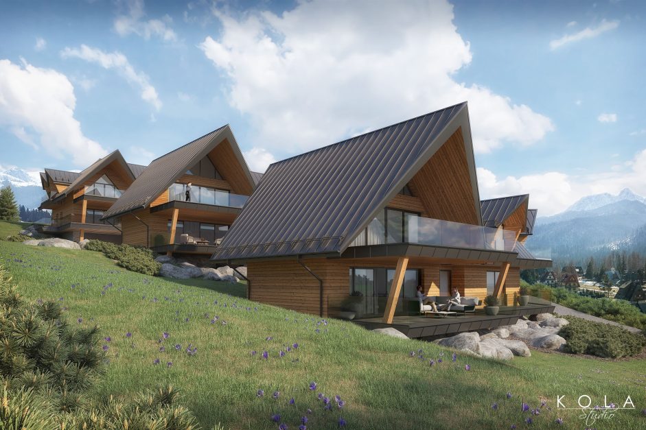 Wizualizacja kameralnego osiedla luksusowych drewnianych domów położonych na górskim stoku, zaprojektowanych w tradycyjnym góralskim stylu
