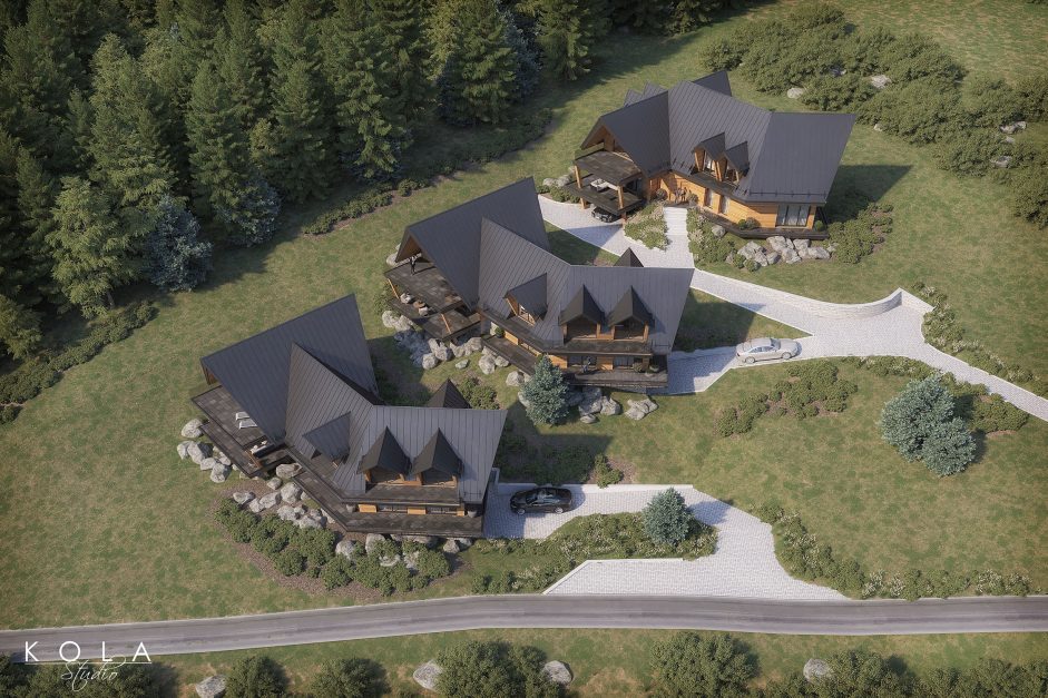 Wizualizacja z lotu ptaka pokazująca osiedle luksusowych domów zaprojektowanych w nowoczesnym góralskim stylu, położonych na stoku