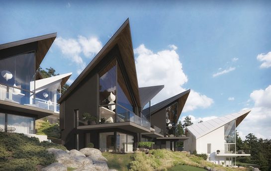 Wizualizacja osiedla nowoczesnych luksusowych domów jednorodzinnych zaprojektowanych w nowoczesnym górskim stylu