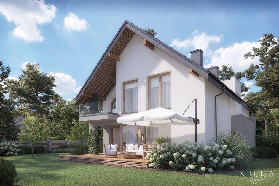 Fotorealistyczna wizualizacja sprzedażowa nowoczesnego wiejskiego domu jednorodzinnego z ogródkiem