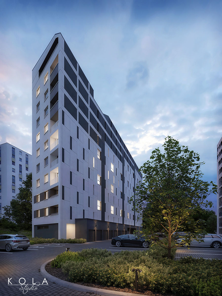 Wieczorna wizualizacja architektoniczna miejskiego apartamentowca w otoczeniu zieleni