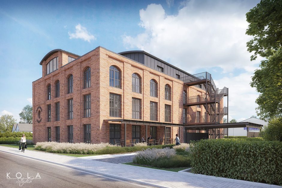Wizualizacja projektu rewitalizacji i przebudowy starego poprzemysłowego budynku z cegły, który w nowym założeniu architektonicznym ma pełnić formę modnego budynku biurowego w stylu industrialnym