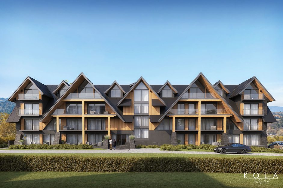 Wizualizacja hotelu zaprojektowanego w stylu inspirowanym tradycyjnym zakopiańskim stylem