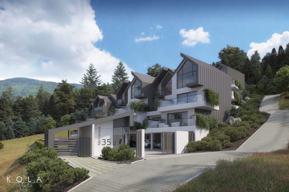 Wizualizacja kompleksu nowoczesnych górskich budynków wielorodzinnych położonych na stoku