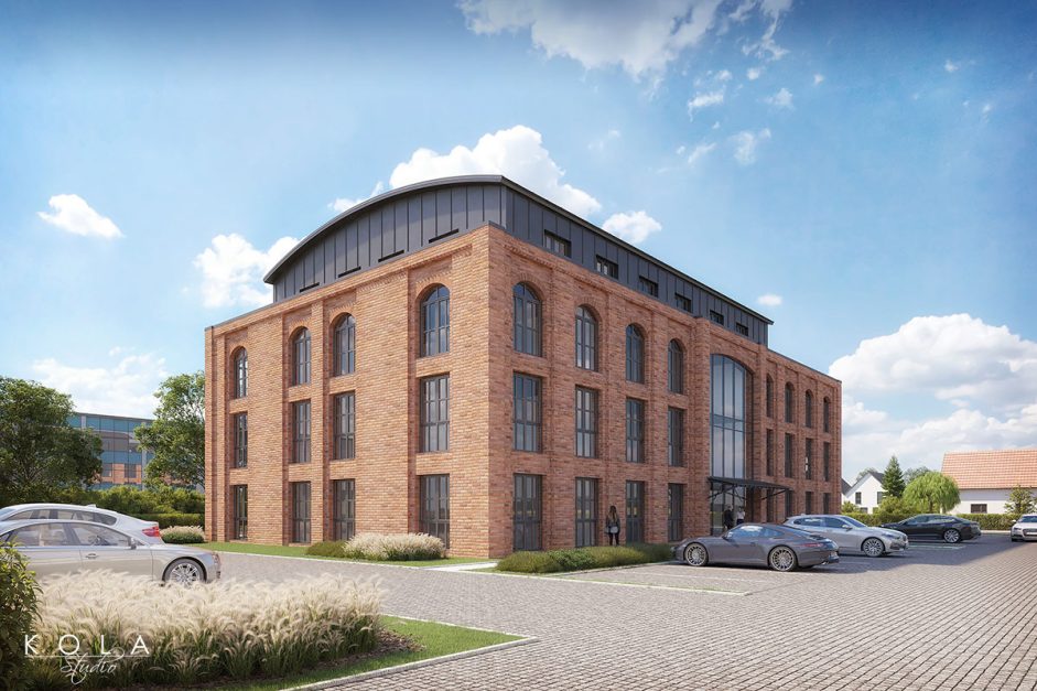 Wizualizacja budynku biurowego w stylu industrialnym, powstałym w zrewitalizowanym starym budynku przemysłowym