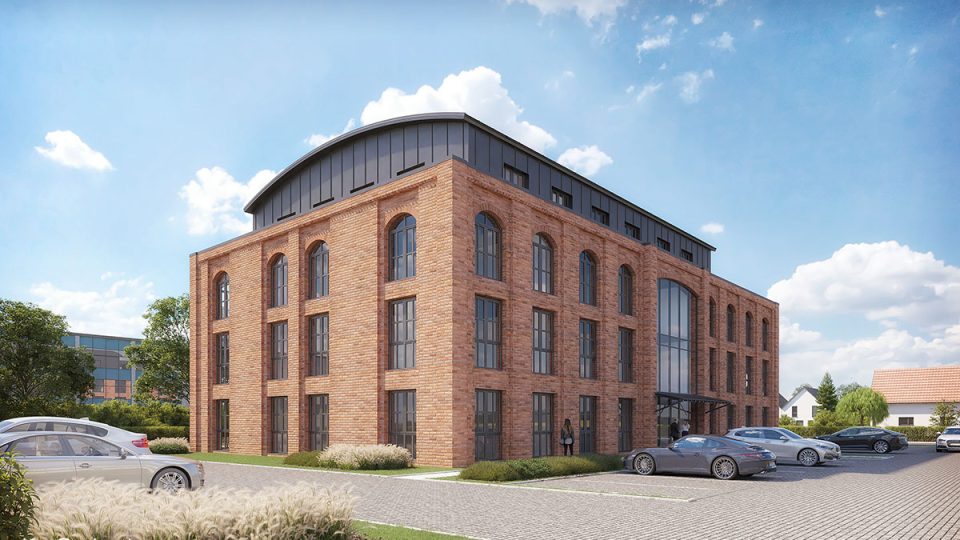 Wizualizacja budynku biurowego w stylu industrialnym, powstałym w zrewitalizowanym starym budynku przemysłowym