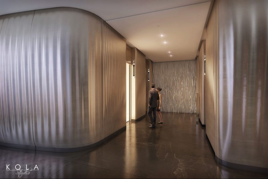 Wizualizacja wnętrz nowoczesnego holu z windami w komercyjnym budynku klasy premium