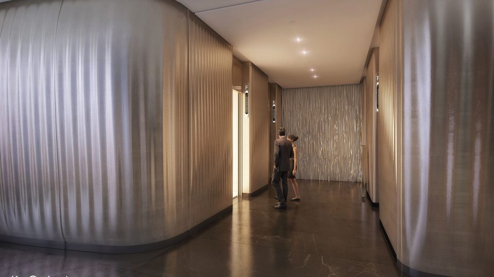 Wizualizacja wnętrz nowoczesnego holu z windami w komercyjnym budynku klasy premium