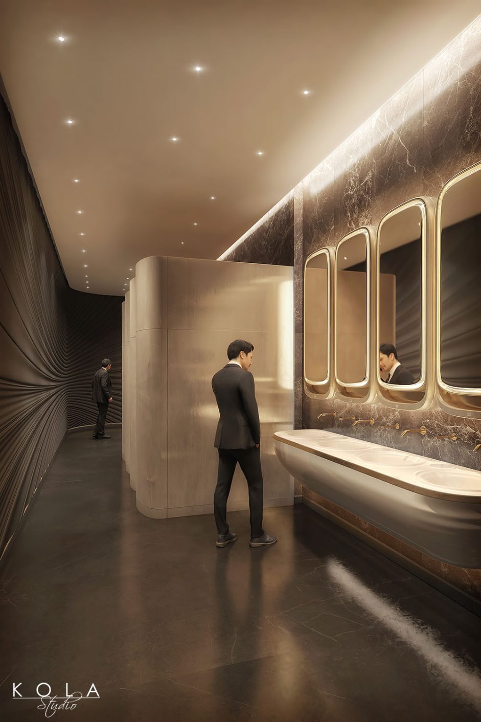 Wizualizacja wnętrz eleganckiej toalety w budynku komercyjnym klasy premium