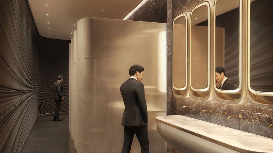 Wizualizacja wnętrz eleganckiej toalety w budynku komercyjnym klasy premium