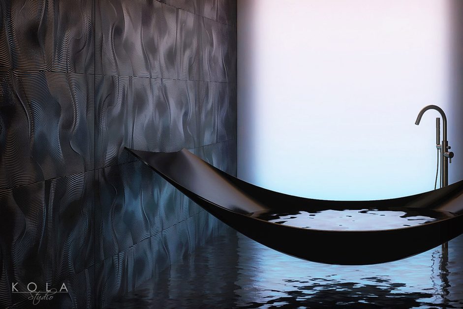 Wizualizacja luksusowej łazienki z designerską wiszącą wanną, w luksusowym apartamencie hotelowym