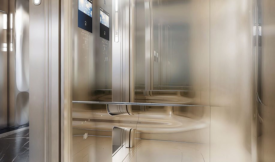 Wizualizacja wnętrz eleganckiej, designerskiej windy w komercyjnym budynku klasy premium
