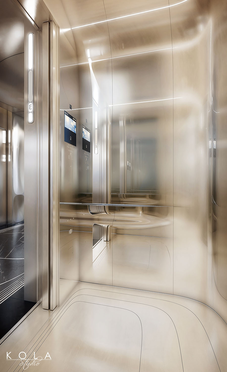 Wizualizacja wnętrz eleganckiej, designerskiej windy w komercyjnym budynku klasy premium