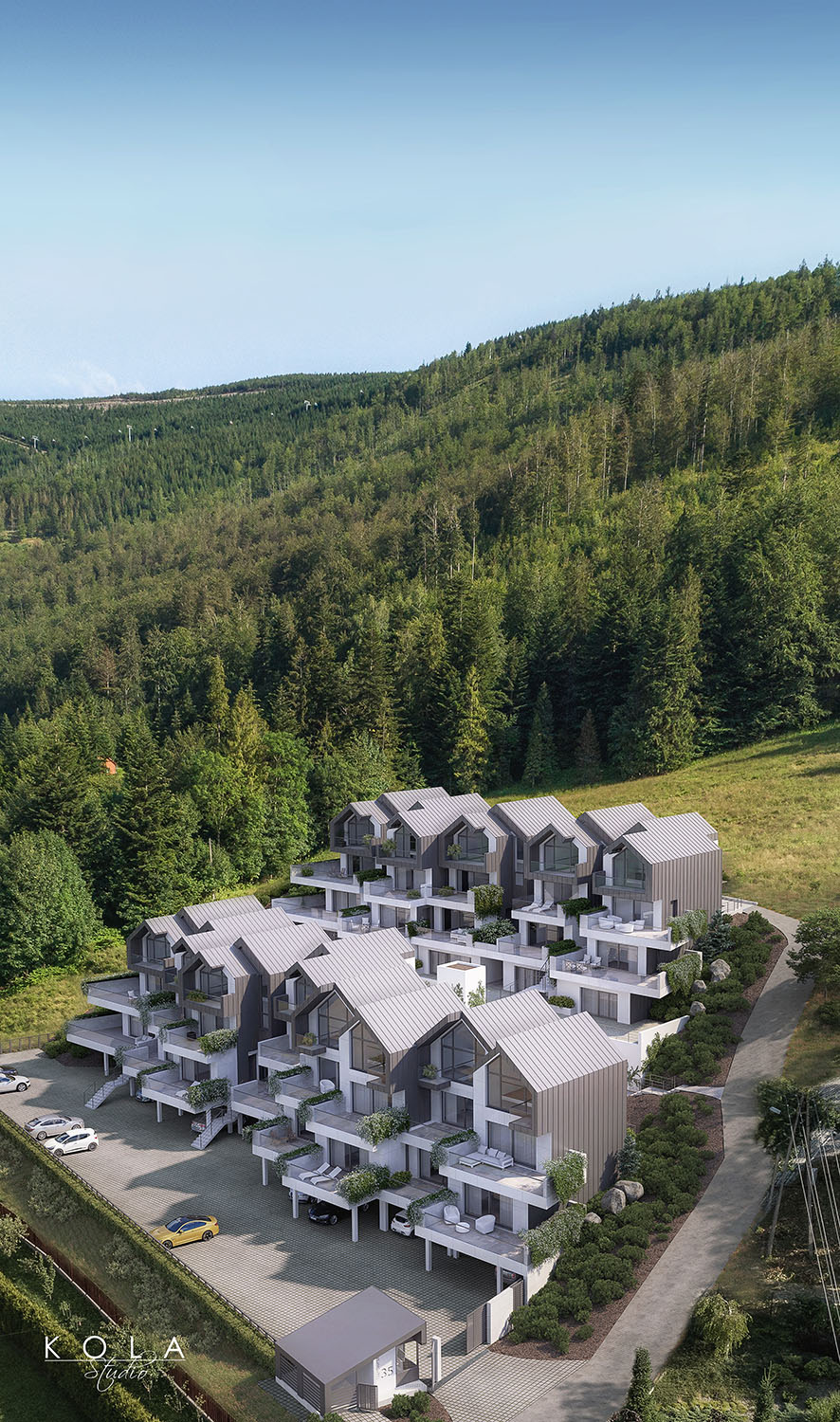 Wizualizacja widokowego osiedla nowoczesnych górskich budynków wielorodzinnych położonych na stoku