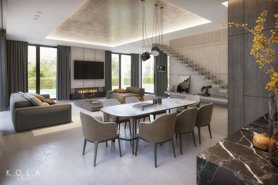 Wizualizacja wnętrza luksusowego dwupoziomowego apartamentu w budynku wielorodzinnym - salon z kominkiem, otwartą kuchnią i jadalnią oraz nowoczesnymi schodami, zaprojektowane w nowoczesnym minimalistycznym stylu, z betonowymi, industrialnymi elementami wykończenia w stylu loft