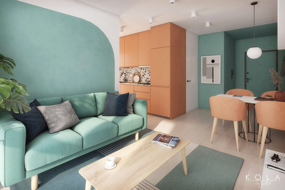 Wizualizacja deweloperskiej mikro kawalerki dla singla wystawianej na sprzedaż, zaprojektowanej w modnym młodzieżowym stylu, z kolorowymi ścianami i meblami oraz modnym wykończeniem kuchni lastryko