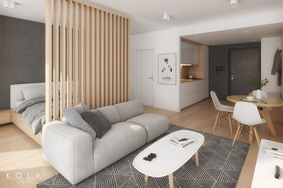Wizualizacja wnętrza kawalerki w miejskim apartamentowcu, wystawianej na sprzedaż przez dewelopera, zaprojektowanej w modnym nowoczesnym skandynawskim stylu