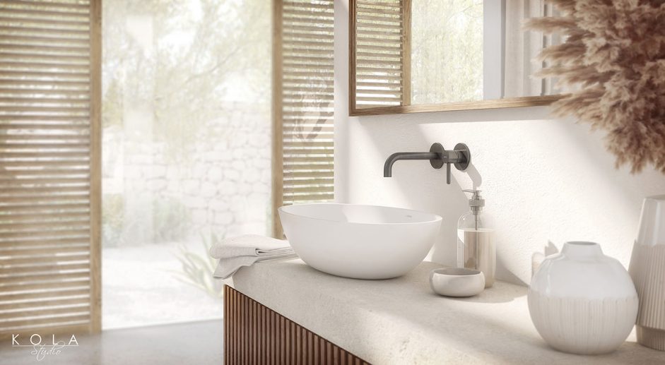 Klimatyczna wizualizacja wnętrza ekskluzywnej rezydencji - łazienka w nowoczesnym stylu japandi z marmurem, drewnem i ciemną nowoczesną armaturą omnires, w jasnych kolorach opartych na bili i beżach