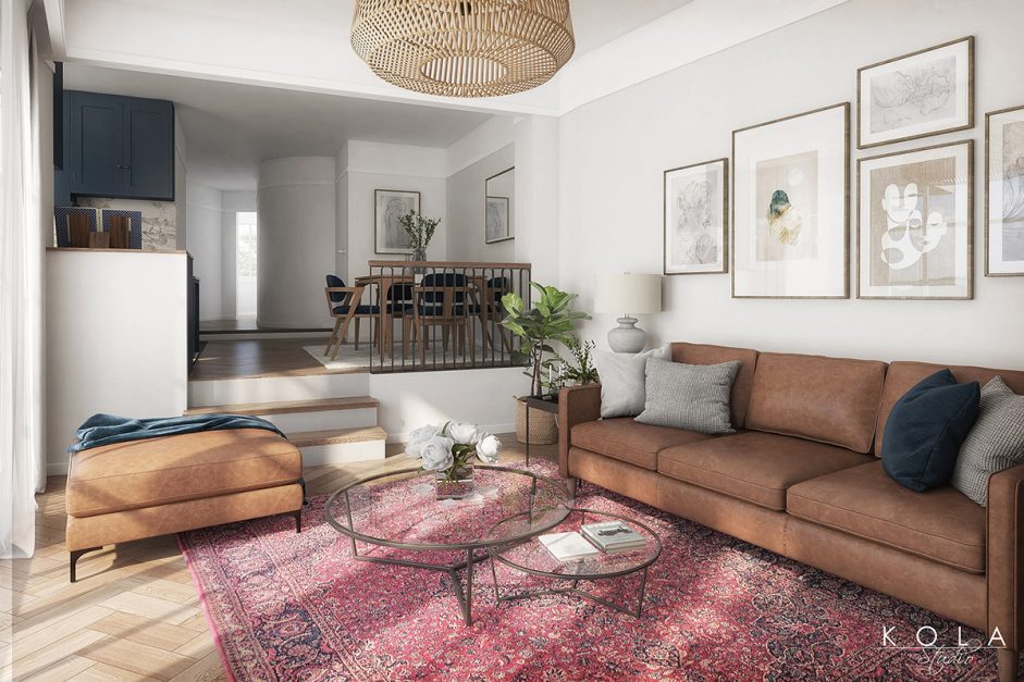 Wizualizacja przytulnego mieszkania w kamienicy - salon z kuchnią, zaprojektowane w nowoczesnym stylu retro