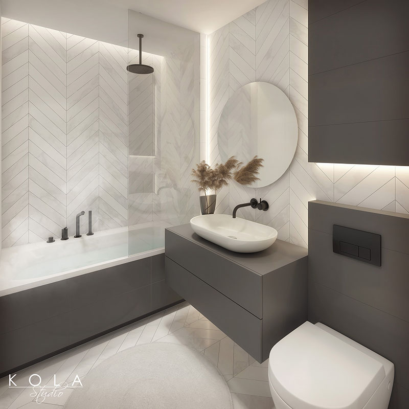 Klimatyczna wizualizacja łazienki w mieszkaniu na sprzedaż, zaprowiantowana w modnym, nowoczesnym stylu, w stonowanej kolorystyce opartej na bieli i szarości, z modnymi płytkami w jodełkę i nowoczesną czarna armaturą łazienkową