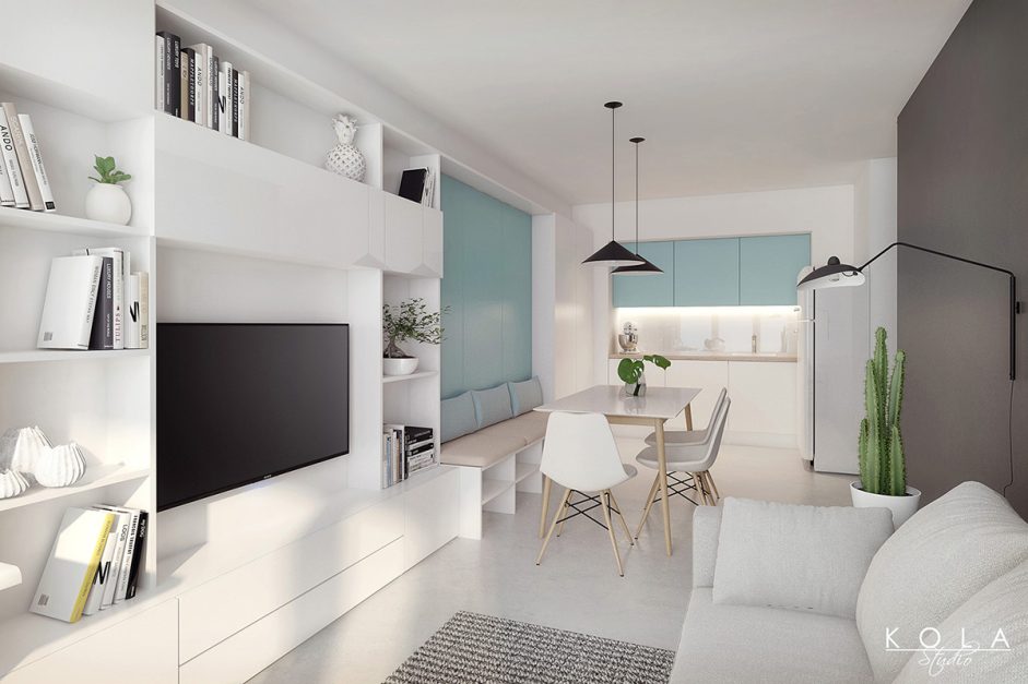 Wizualizacja wnętrza wąskiego mieszkania - mikro kawalerki na sprzedaż, zaprojektowanej w standardzie ikea, w przytulnym miejskim stylu scandi boho, z użyciem jasnej palety barw - bieli, błękitu i szarości