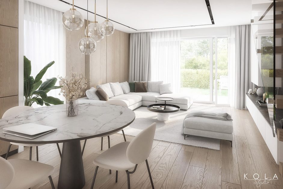 Wizualizacja wnętrza mieszkania w szeregówce - elegancki nowoczesny salon z widokiem na ogródek, zaprojektowany w stylu skandynawskim