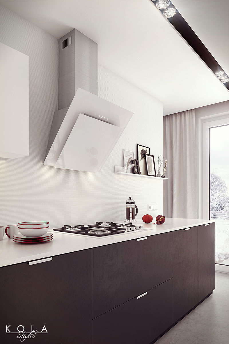 Wizualizacja mieszkania pokazowego na sprzedaż - wirtualny home staging eleganckiej minimalistycznej nowoczesnej kuchni w bieli i czerni