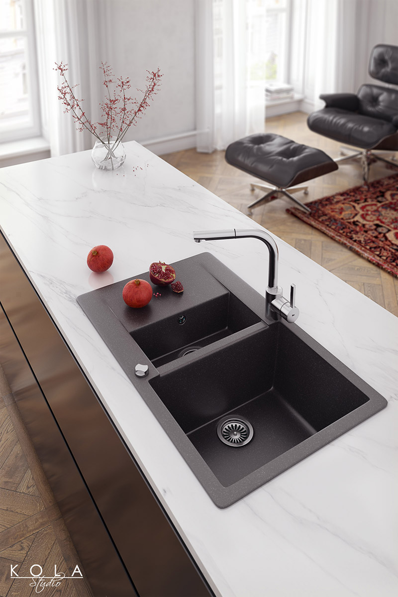 Klimatyczna wizualizacja mieszkania na sprzedaż - zbliżenie na wyspę kuchenną i fragment salonu, zaprojektowane w eleganckim stylu retro