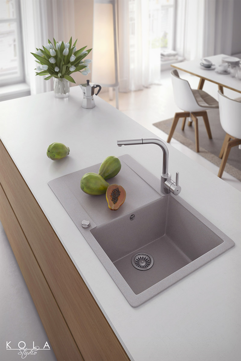 Klimatyczna wizualizacja mieszkania na sprzedaż - zbliżenie na wyspę kuchenną i fragment salonu, zaprojektowane w przytulnym stylu skandynawskim i jasnej kolorystyce