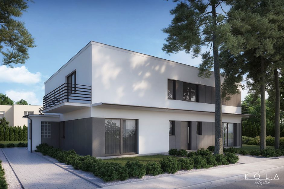 Fotorealistyczna wizualizacja 3d domu jednorodzinnego typu kostka po remoncie i przebudowie.