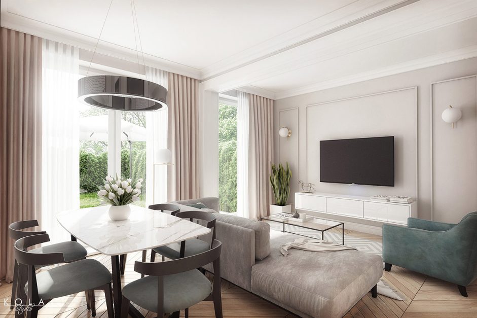 Wizualizacja 3d pięknego mieszkania z ogródkiem wystawionego na sprzedaż, zaaranżowanego w eleganckim klasycznym stylu, wykończonego wysokiej jakości materiałami, ze sztukateriami i modnymi meblami