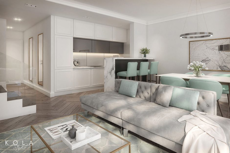 Wizualizacja 3d pięknego dwupoziomowego apartamentu wystawionego na sprzedaż, zaprojektowanego w modnym, nowoczesnym stylu glamour, wykończonego wysokiej jakości materiałami, ze sztukateriami, modnymi meblami i stylową kuchnią