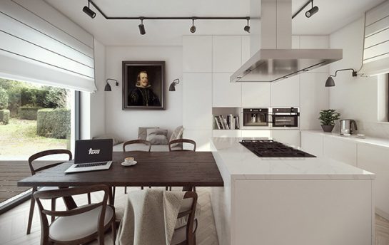 Wizualizacja wnętrza nowoczesnej białej kuchni w domu jednorodzinnym z eklektycznymi elementami