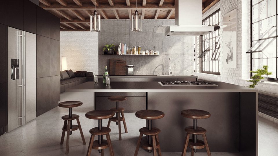 Wizualizacja industrialnej kuchni w lofcie z wyspą, betonową ścianą, podłogą, drewnianym sufitem i ciemną zabudową kuchenną