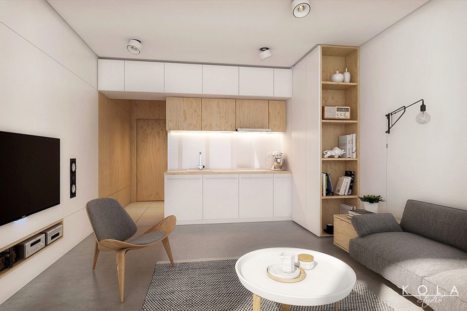 Wizualizacja wnętrza mikro apartamentu na sprzedaż, zaprojektowanej w modnym, miejskim, minimalistycznym stylu, z użyciem jasnej palety kolorów - bieli, szarości oraz jasnego drewna